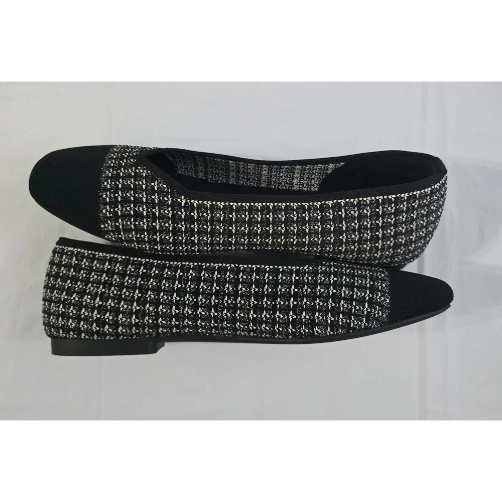 Vivaia Margot Square Toe V-Cut Tweed Knit Flats Black White EU 43W USA 11.5Wide